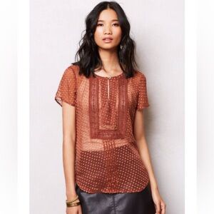Meadow Rue Anthropologie sheer brown short sleeve dot blouse crocheted Size S